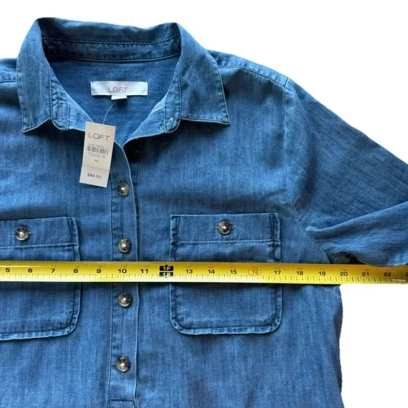 NWT Loft Denim Shirt Dress Chambray Blue Size Medium Long Sleeve Button Front - Picture 8 of 9